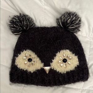 Woman’s owl Black Knit Hat with Pom Poms
